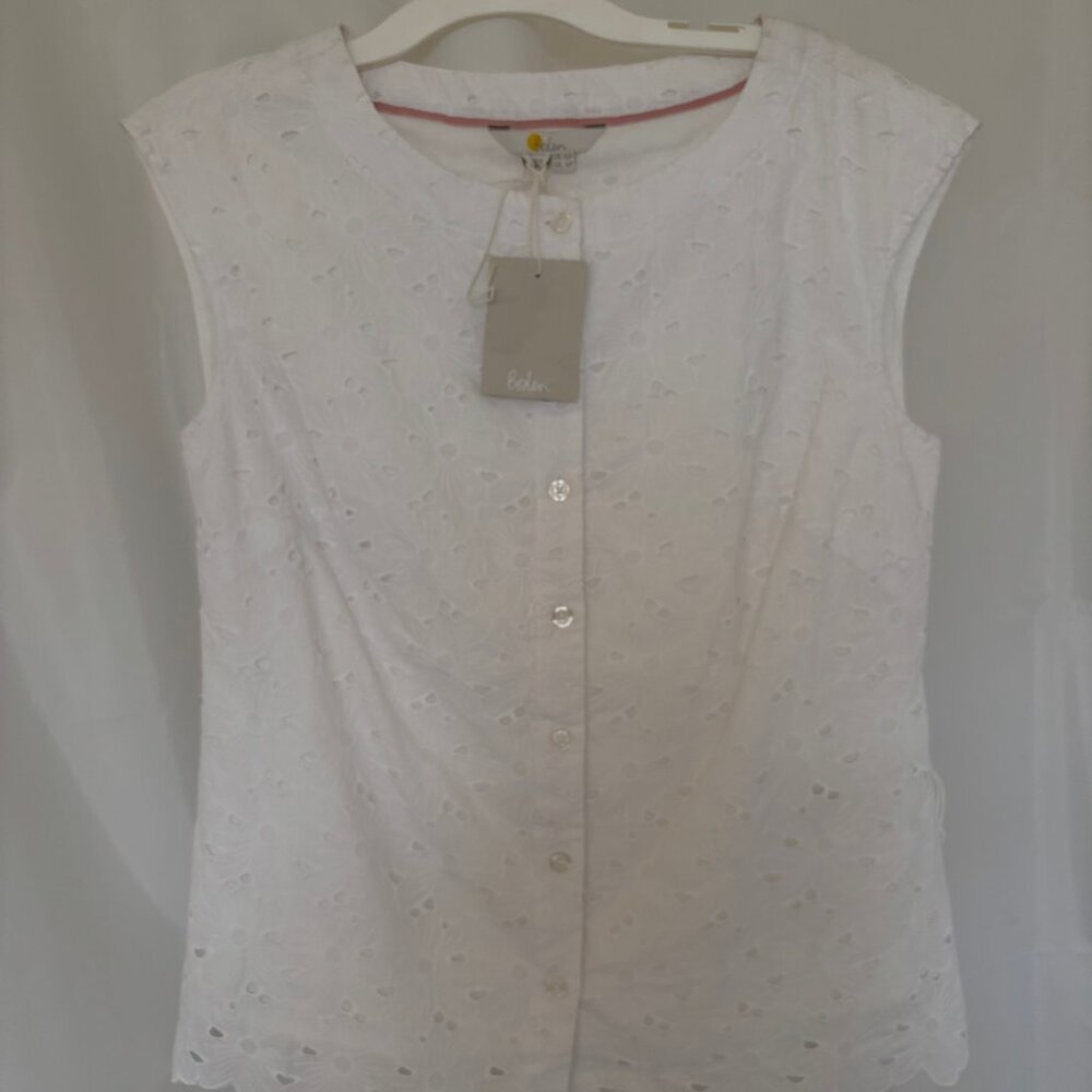 BODEN white floral eyelet cap sleeve blouse 6P with lining NWT